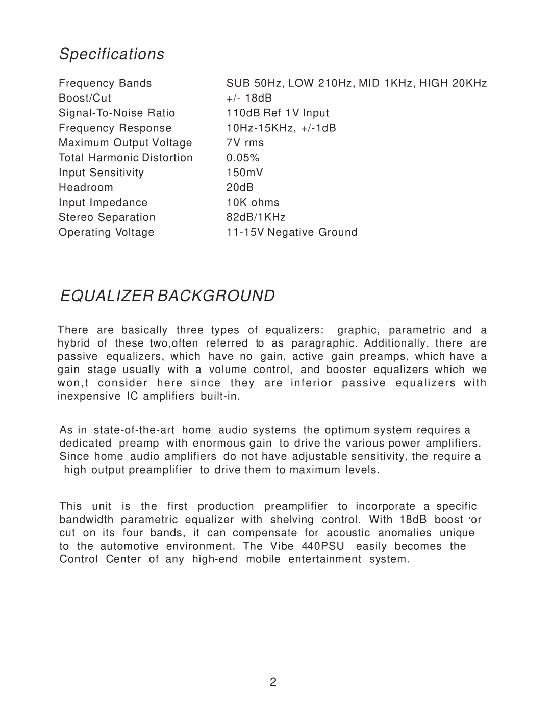 Lanzar Car Audio 440PSU manual Specifications, Equalizer Background 