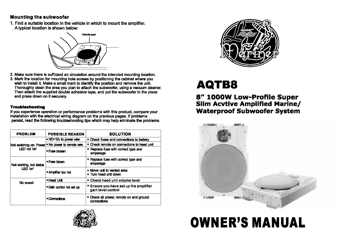 Lanzar Car Audio AQTB8 manual Owners Anual 