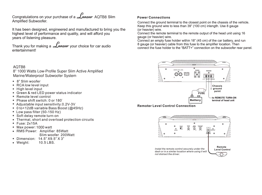 Lanzar Car Audio AQTB8 manual 