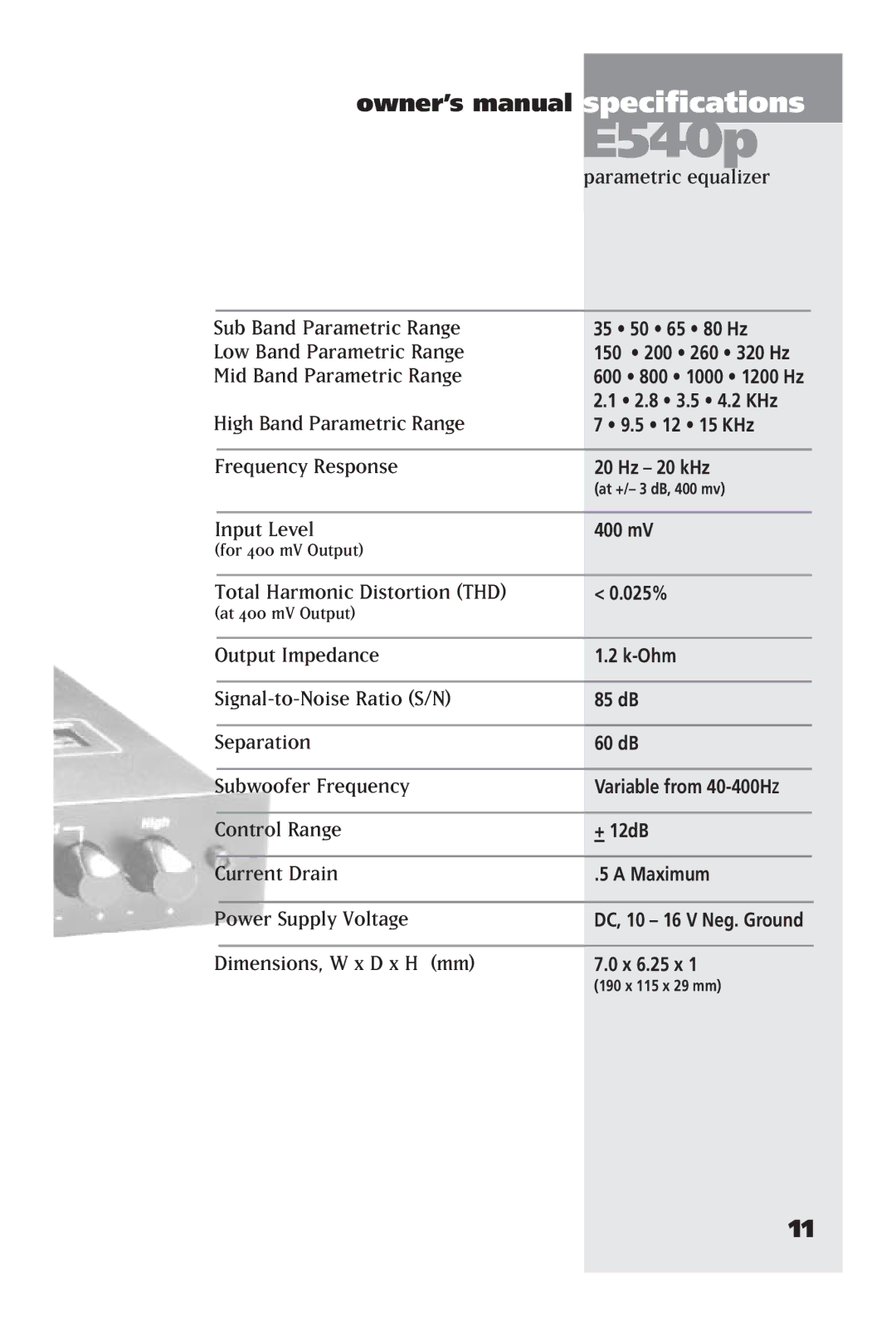 Lanzar Car Audio E540P, E740V, E750S manual Control Range 