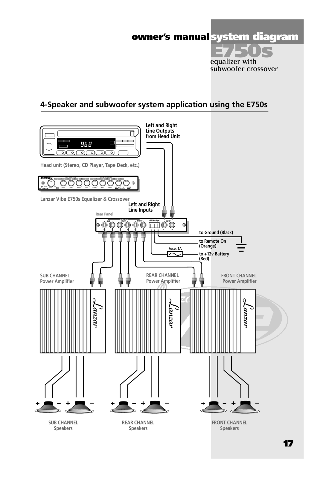 Lanzar Car Audio E540P, E740V, E750S manual Speaker and subwoofer system application using the E750s 