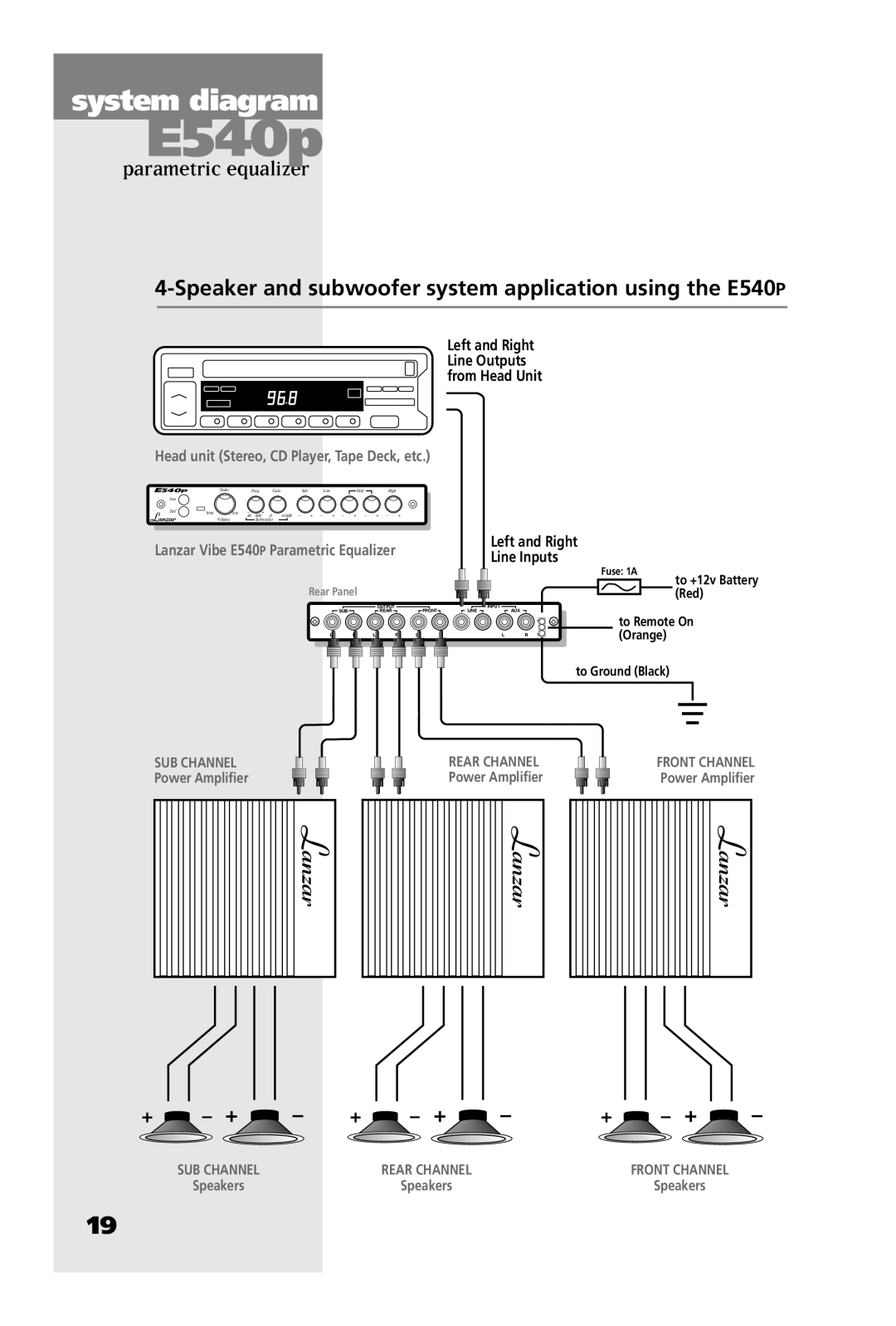 Lanzar Car Audio E740V, E750S manual Speaker and subwoofer system application using the E540P 