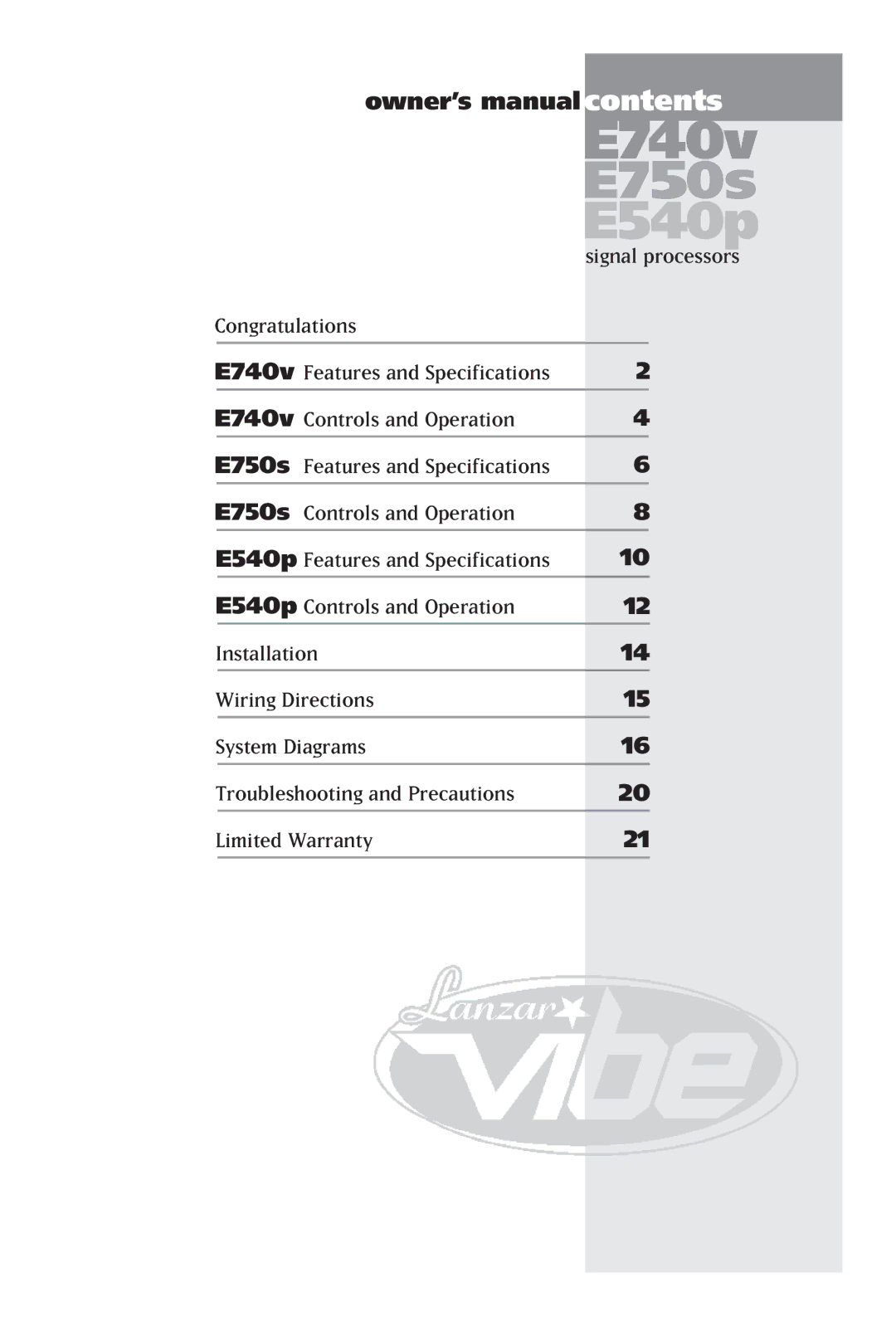 Lanzar Car Audio E750S, E540P, E740V manual Signal processors 