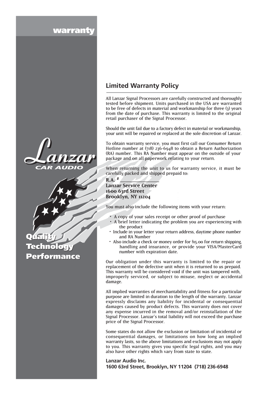 Lanzar Car Audio E540P, E740V, E750S manual warranty, Quality Technology Performance, R.A. # Lanzar Service Center 