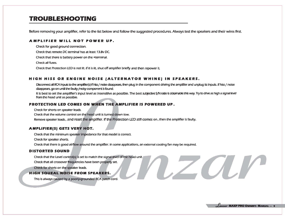 Lanzar Car Audio MAXP 4260, MAXP 2760, MAXP 2960 user manual Troubleshooting, Amplifier will not Power UP 