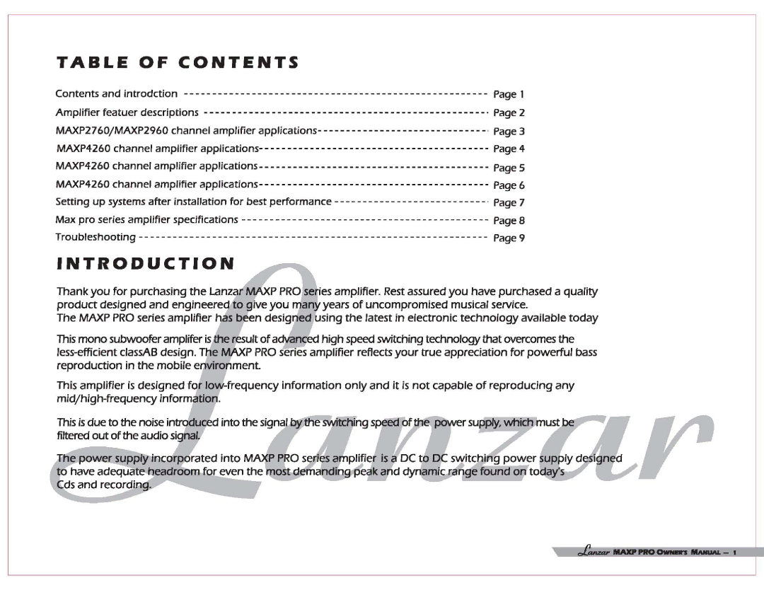 Lanzar Car Audio MAXP 2960, MAXP 2760, MAXP 4260 user manual Table of Contents, Introduction 