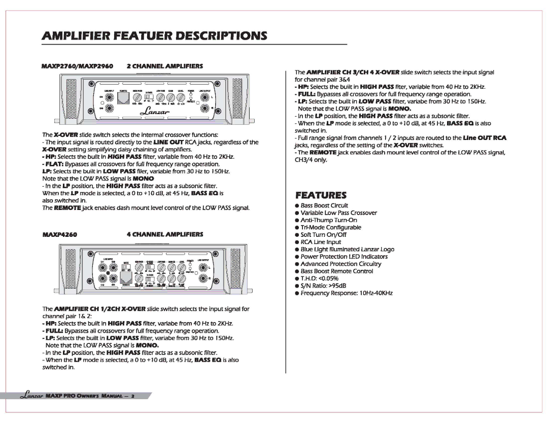 Lanzar Car Audio MAXP 2760, MAXP 4260, MAXP 2960 user manual Amplifier Featuer Descriptions 