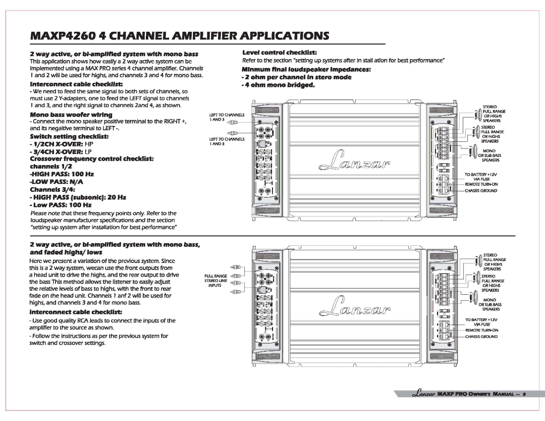 Lanzar Car Audio MAXP 2760, MAXP 4260, MAXP 2960 user manual Interconnect cable checklist Level control checklist 