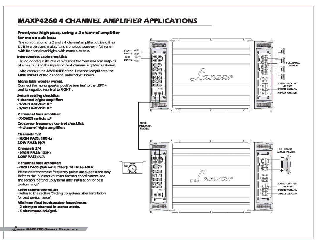 Lanzar Car Audio MAXP 4260, MAXP 2760, MAXP 2960 user manual MAXP42604 Channel Amplifier Applications 