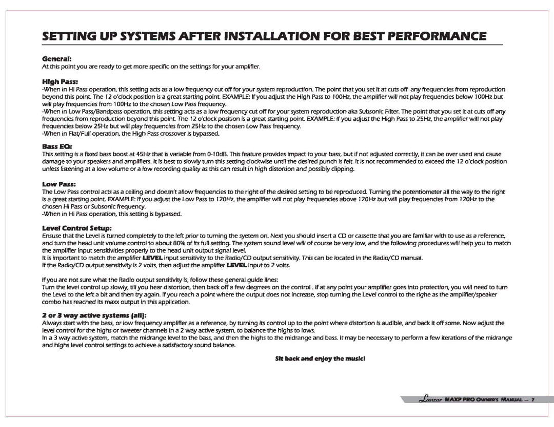 Lanzar Car Audio MAXP 2960, MAXP 2760, MAXP 4260 Setting UP Systems After Installation for Best Performance, HIgh Pass 