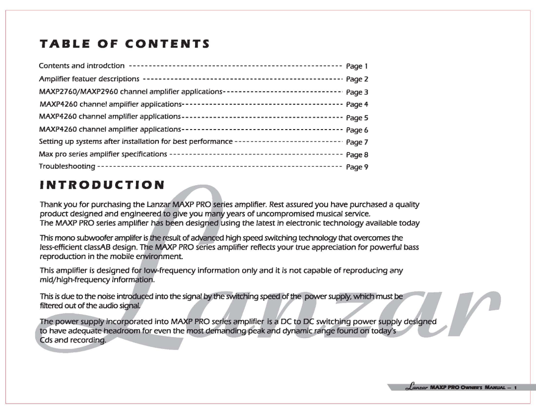 Lanzar Car Audio MAXP 2960, MAXP 2760, MAXP 4260 user manual Table Of Contents, Introduction 