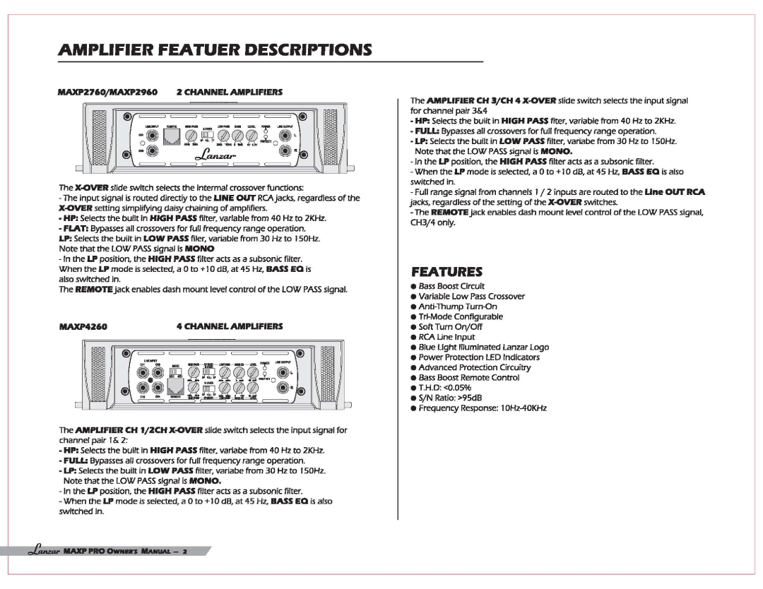 Lanzar Car Audio MAXP 2760 Amplifier Featuer Descriptions, Features, ~Z760fNUXPZ960 Z CHANNELAMPUFIERS, channel pair 