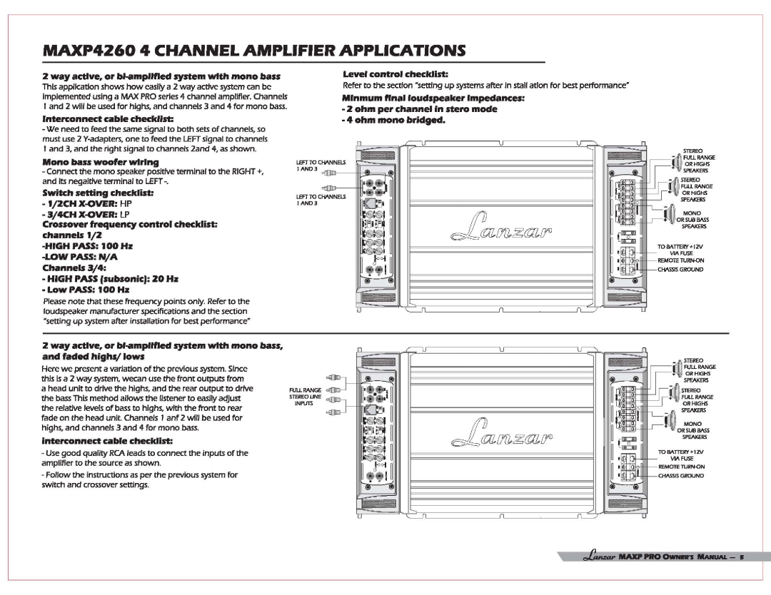 Lanzar Car Audio MAXP 2760 MAXP4260 4 CHANNEL AMPLIFIER APPLICATIONS, way active, or b ....mpllfted system with mono bass 