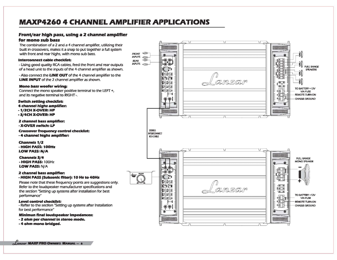 Lanzar Car Audio MAXP 4260 MAXP42604 CHANNEL AMPLIFIER APPLICATIONS, Interconnect cable checklist, Mono bass woofer wiring 