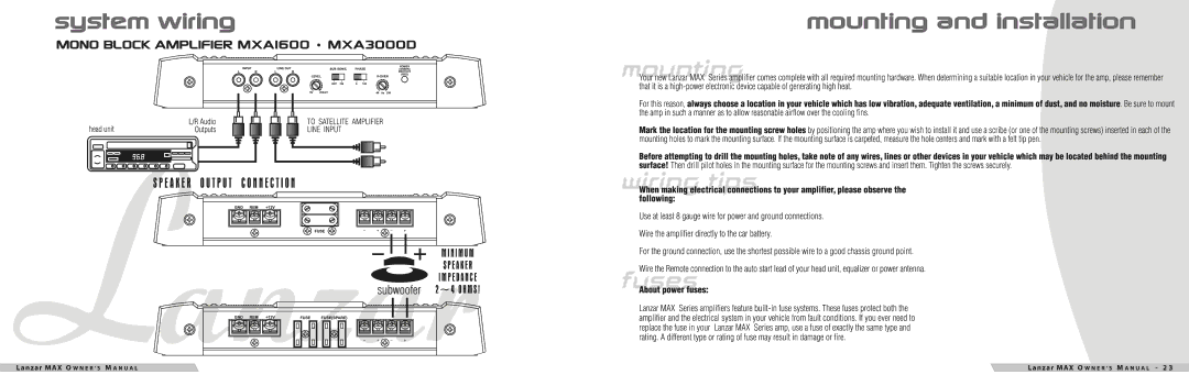 Lanzar Car Audio MXA244, MXA414, MXA3000D, MXA284, MXA224, MXA234, MXA254, MXA1600, MXA214 manual 