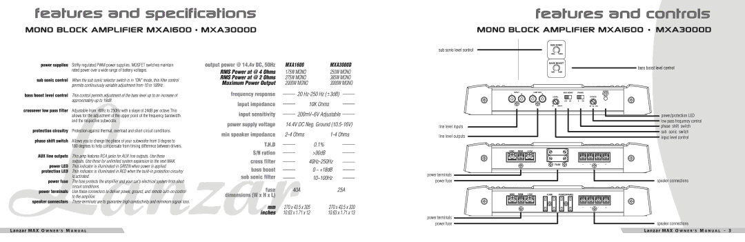 Lanzar Car Audio MXA224, MXA414, MXA3000D, MXA284, MXA244, MXA234, MXA254, MXA1600, MXA214 manual 