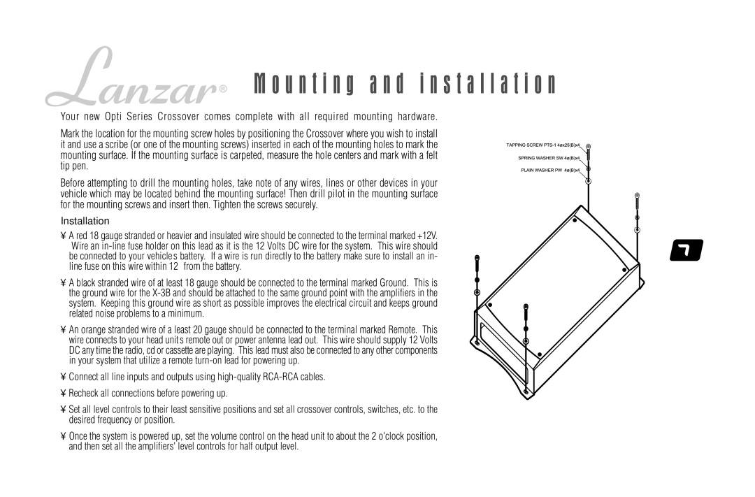 Lanzar Car Audio OPTIX3B user manual U n t i n g a n d Installation 