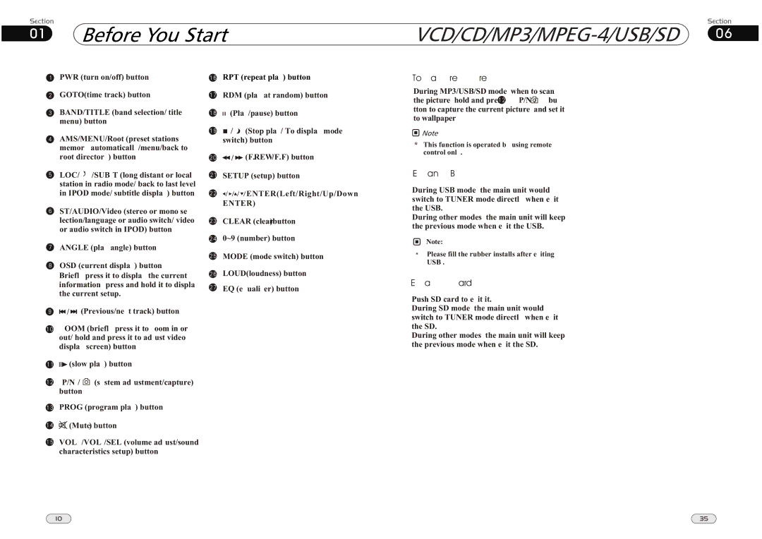 Lanzar Car Audio SD34MIP manual VCD/CD/MP3/MPEG-4/USB/SD, To Capture Picture, Exit an USB, Exit a SD Card 