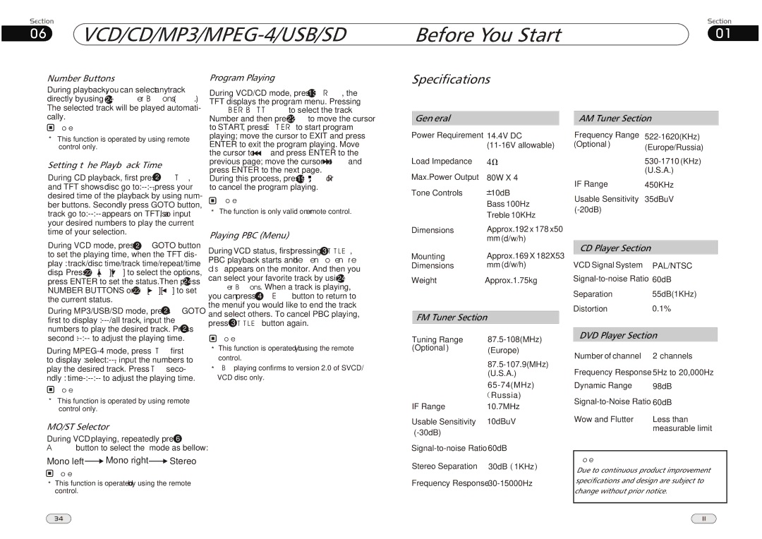 Lanzar Car Audio SD34MIP manual 06 VCD/CD/MP3/MPEG-4/USB/SD, Specifications, Program Playing, Setting the Playback Time 