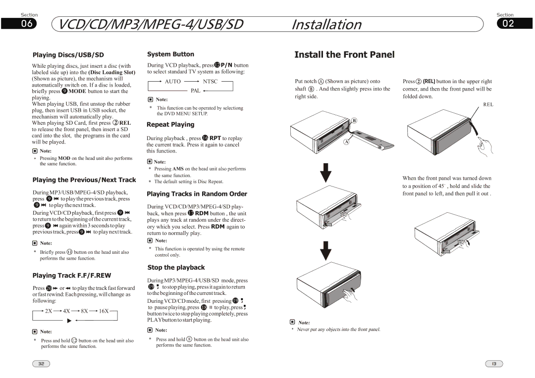 Lanzar Car Audio SD34MIP manual Install the Front Panel, Playing Discs/USB/SD, System Button, Stop the playback 