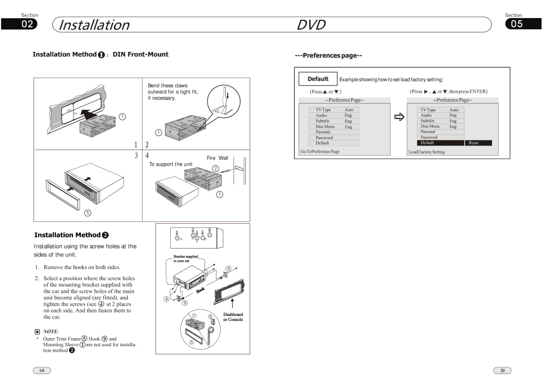 Lanzar Car Audio SD34MIP manual Dvd, Installation Method 1 DIN Front-Mount, Preferences 