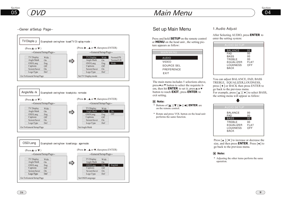 Lanzar Car Audio SD34MIP manual DVD Main Menu, Set up Main Menu, Audio Adjust 