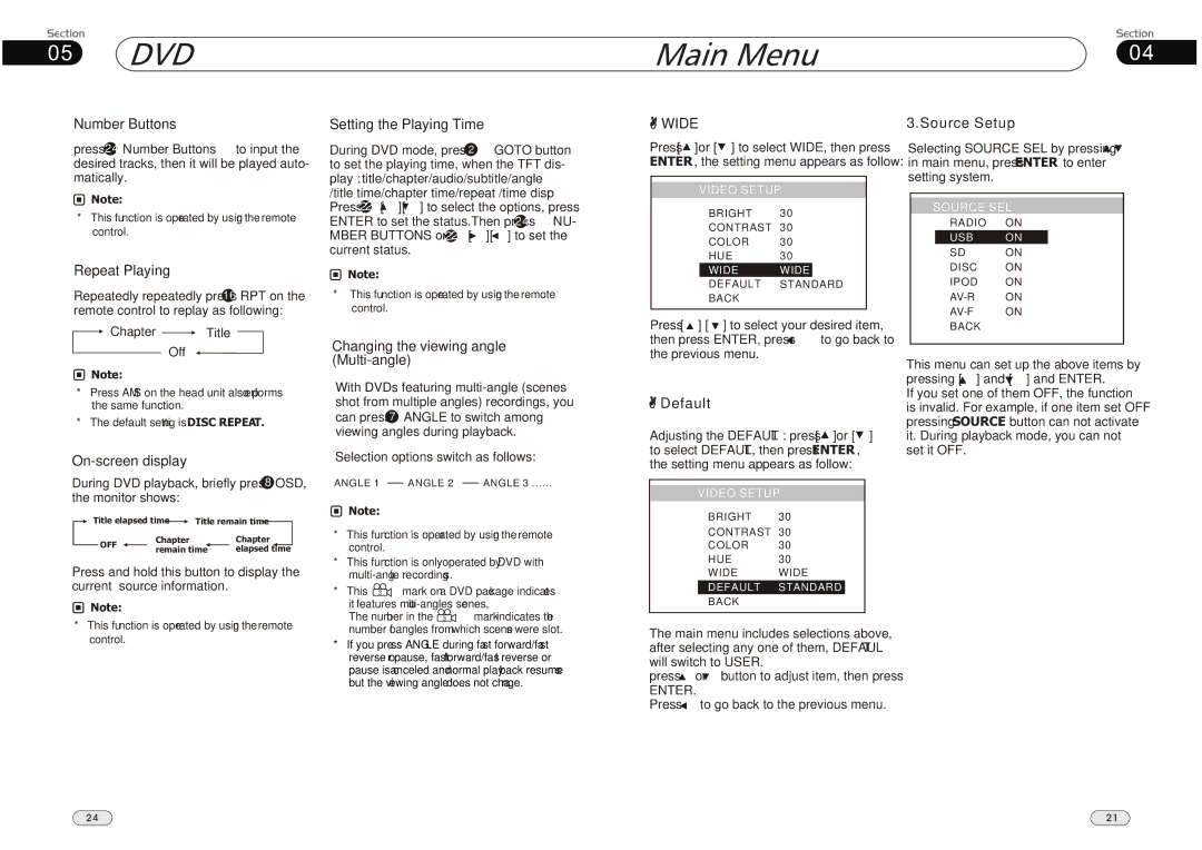 Lanzar Car Audio SD34MIP Setting the Playing Time, Changing the viewing angle Multi-angle, Wide, Default, Source Setup 