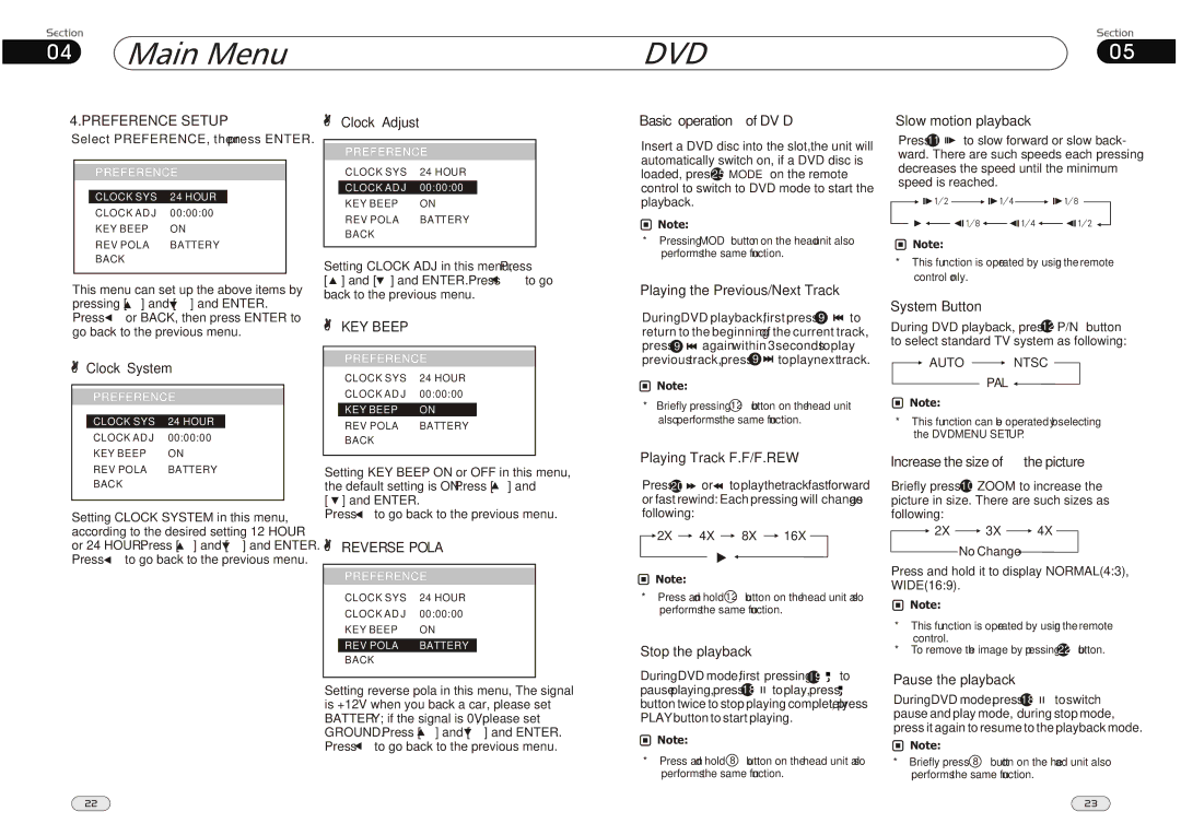 Lanzar Car Audio SD34MIP manual Preference Setup, KEY Beep, Reverse Pola 