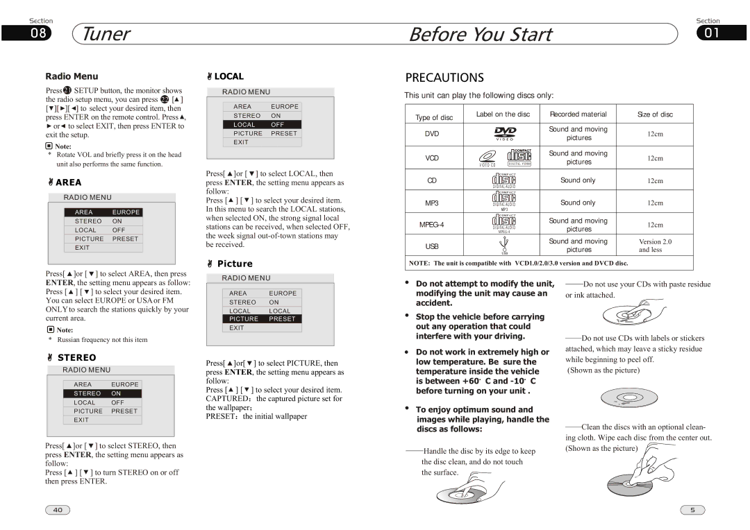 Lanzar Car Audio SD34MIP manual Tuner, Radio Menu, Picture, Less, Russian frequency not this item 