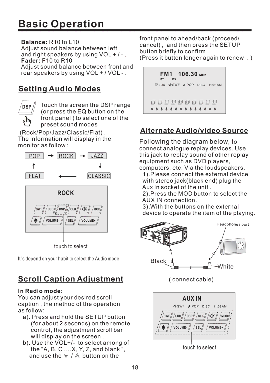 Lanzar Car Audio SD43MU Setting Audio Modes, Scroll Caption Adjustment, Alternate Audio/video Source, Rock, Aux 