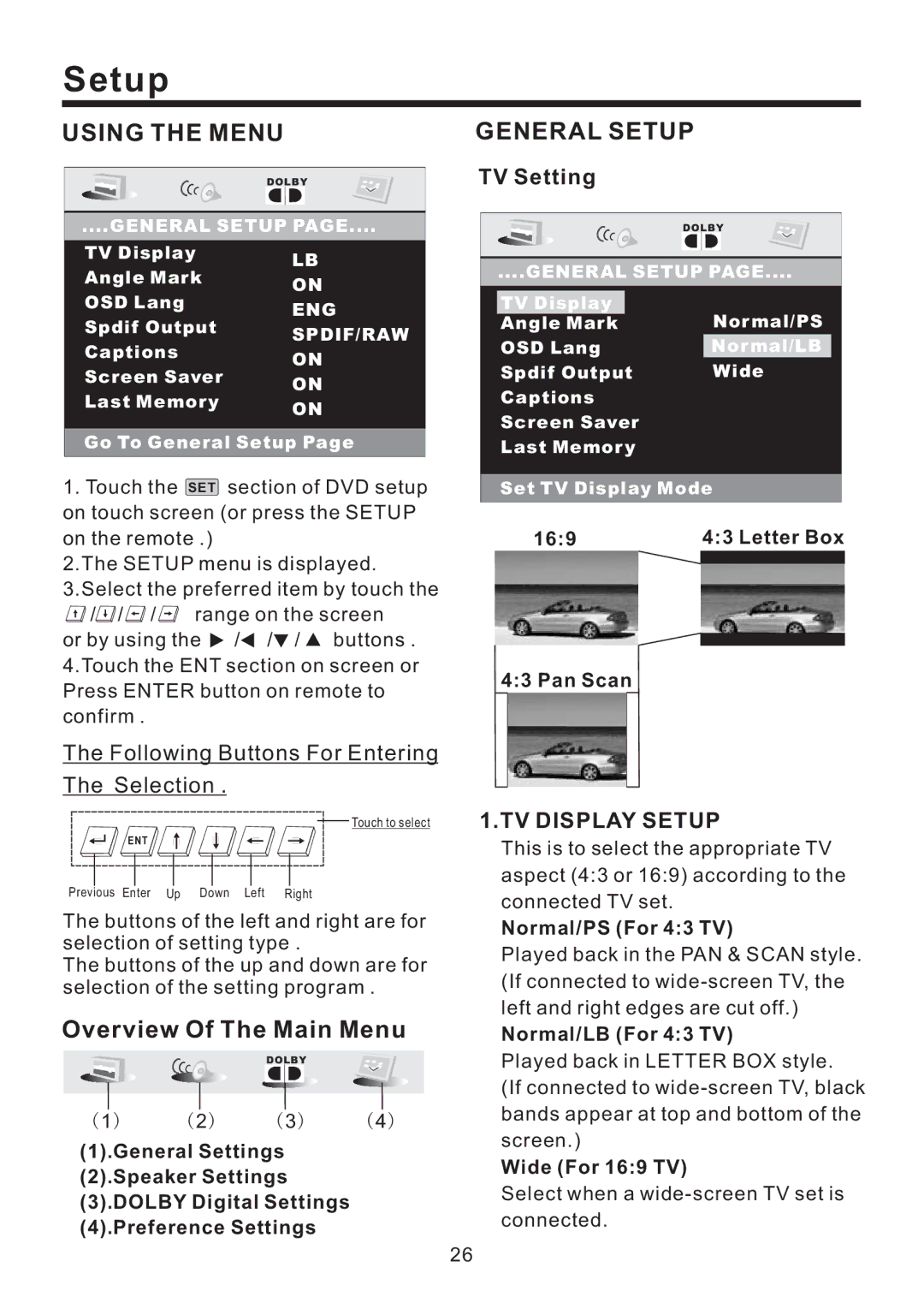 Lanzar Car Audio SD43MU instruction manual Overview Of The Main Menu, TV Setting, TV Display Setup 