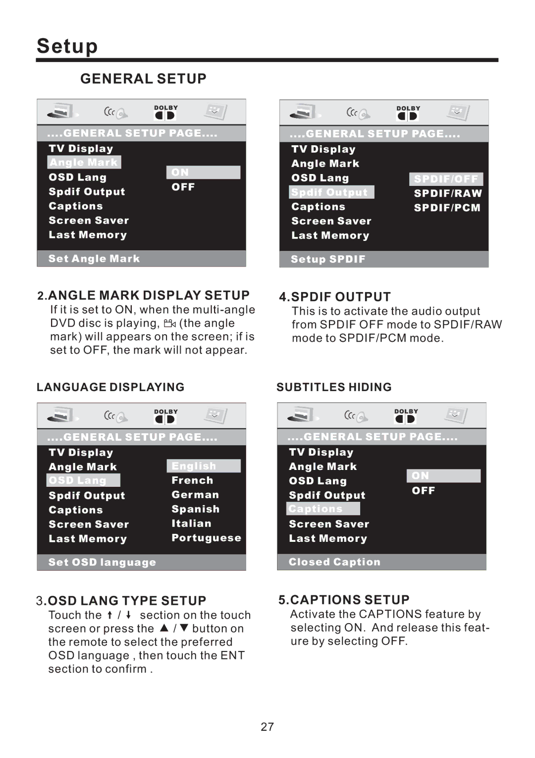 Lanzar Car Audio SD43MU instruction manual Angle Mark Display Setup, OSD Lang Type Setup, Spdif Output, Captions Setup 