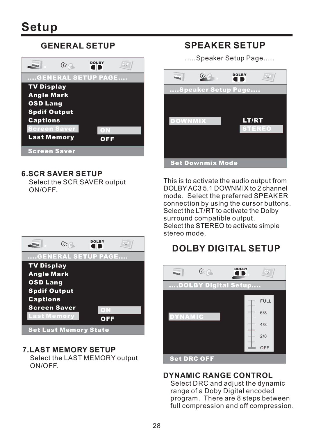 Lanzar Car Audio SD43MU instruction manual SCR Saver Setup, Last Memory Setup, Dynamic Range Control 