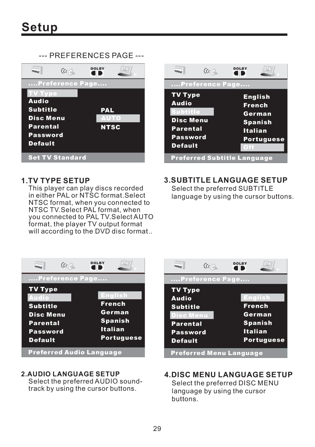 Lanzar Car Audio SD43MU instruction manual TV Type Setup, Subtitle Language Setup, Disc Menu Language Setup 