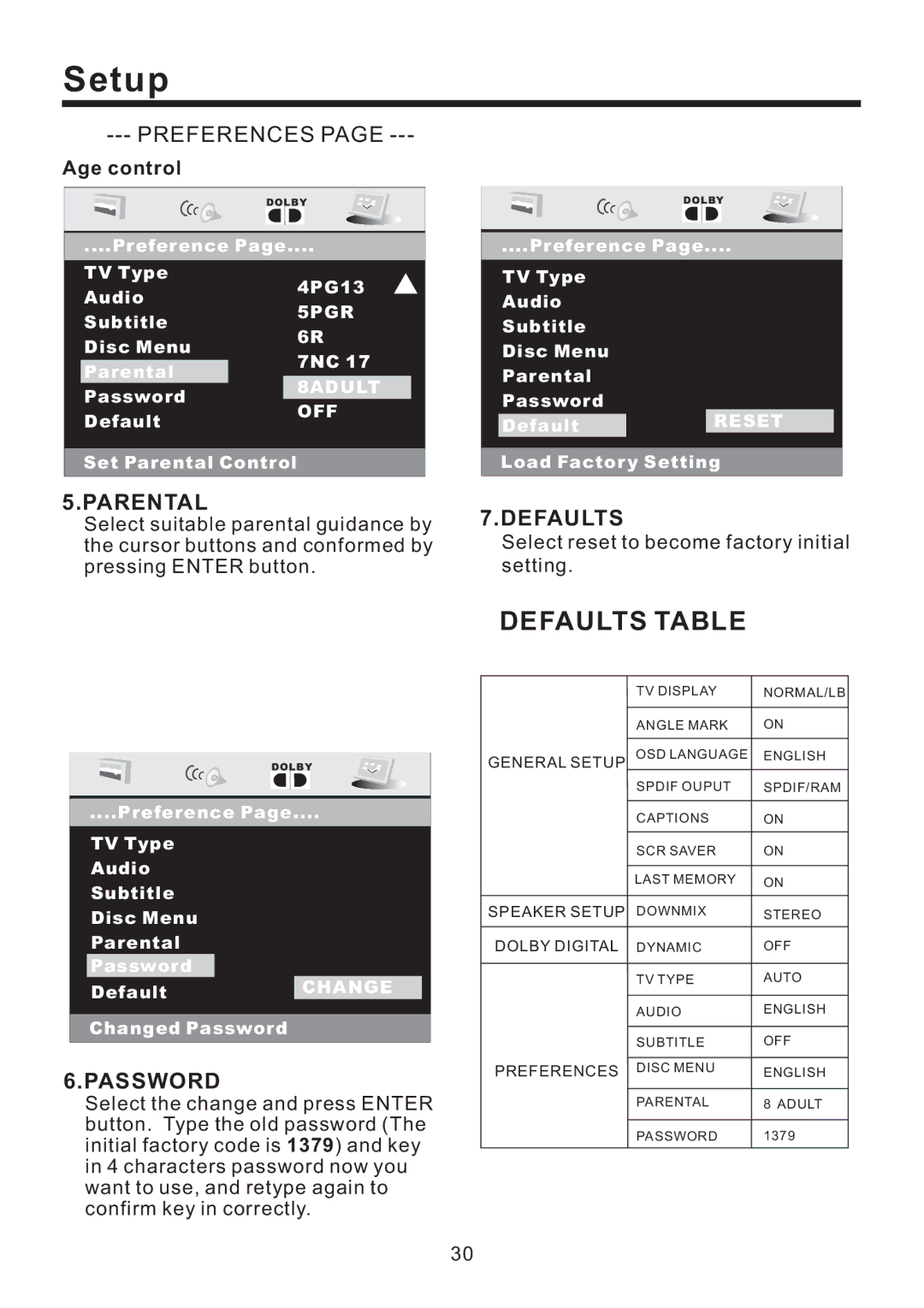 Lanzar Car Audio SD43MU instruction manual Parental, Defaults, Password, Age control 