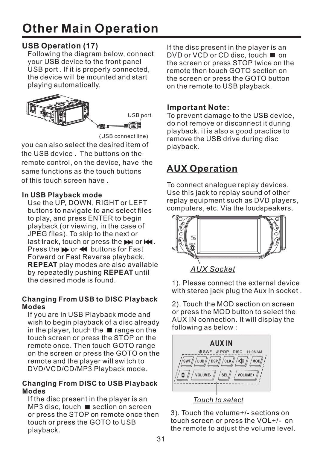 Lanzar Car Audio SD43MU instruction manual Other Main Operation, AUX Operation, USB Operation, Important Note 