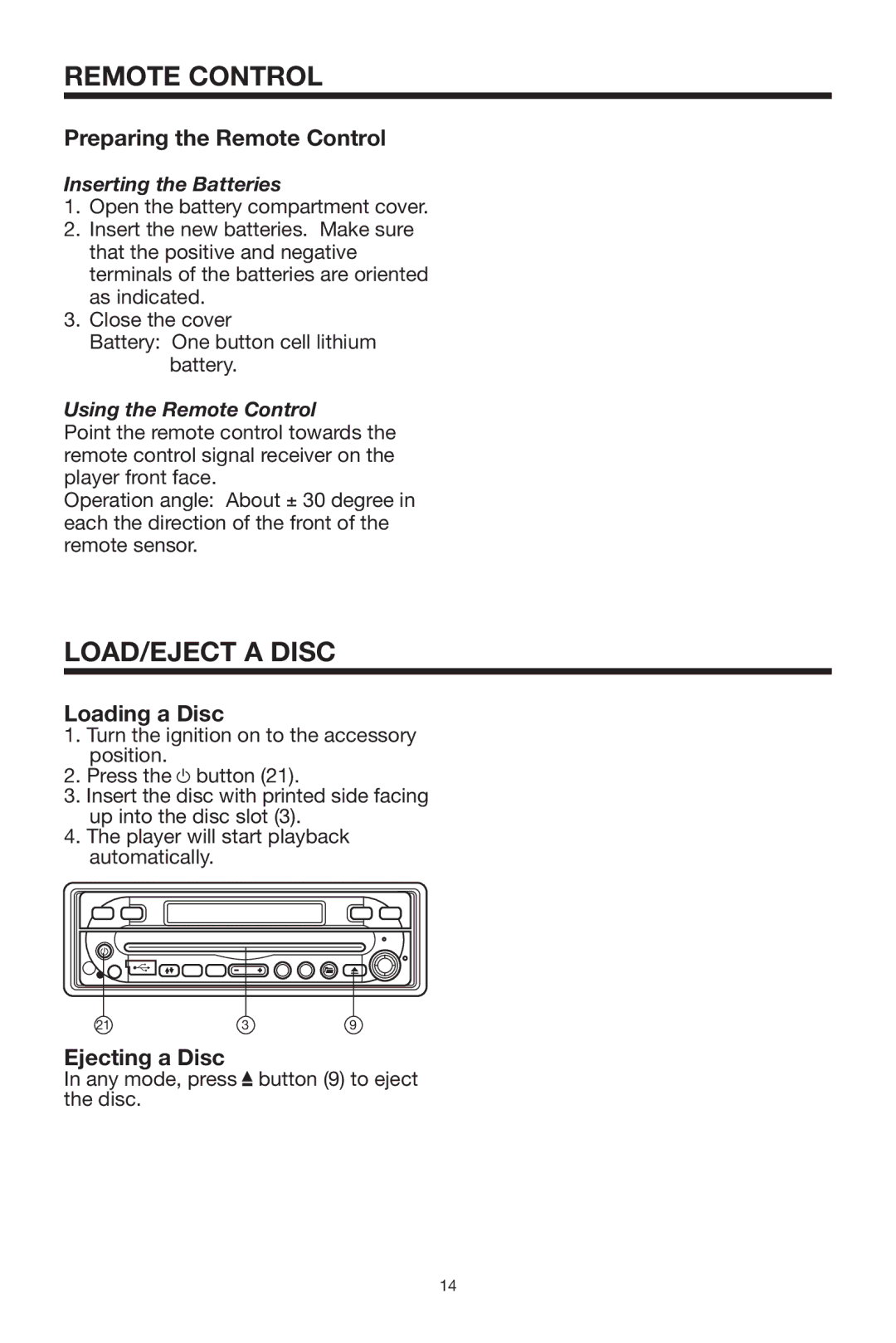 Lanzar Car Audio SDBT75NU owner manual LOAD/EJECT a Disc, Preparing the Remote Control 