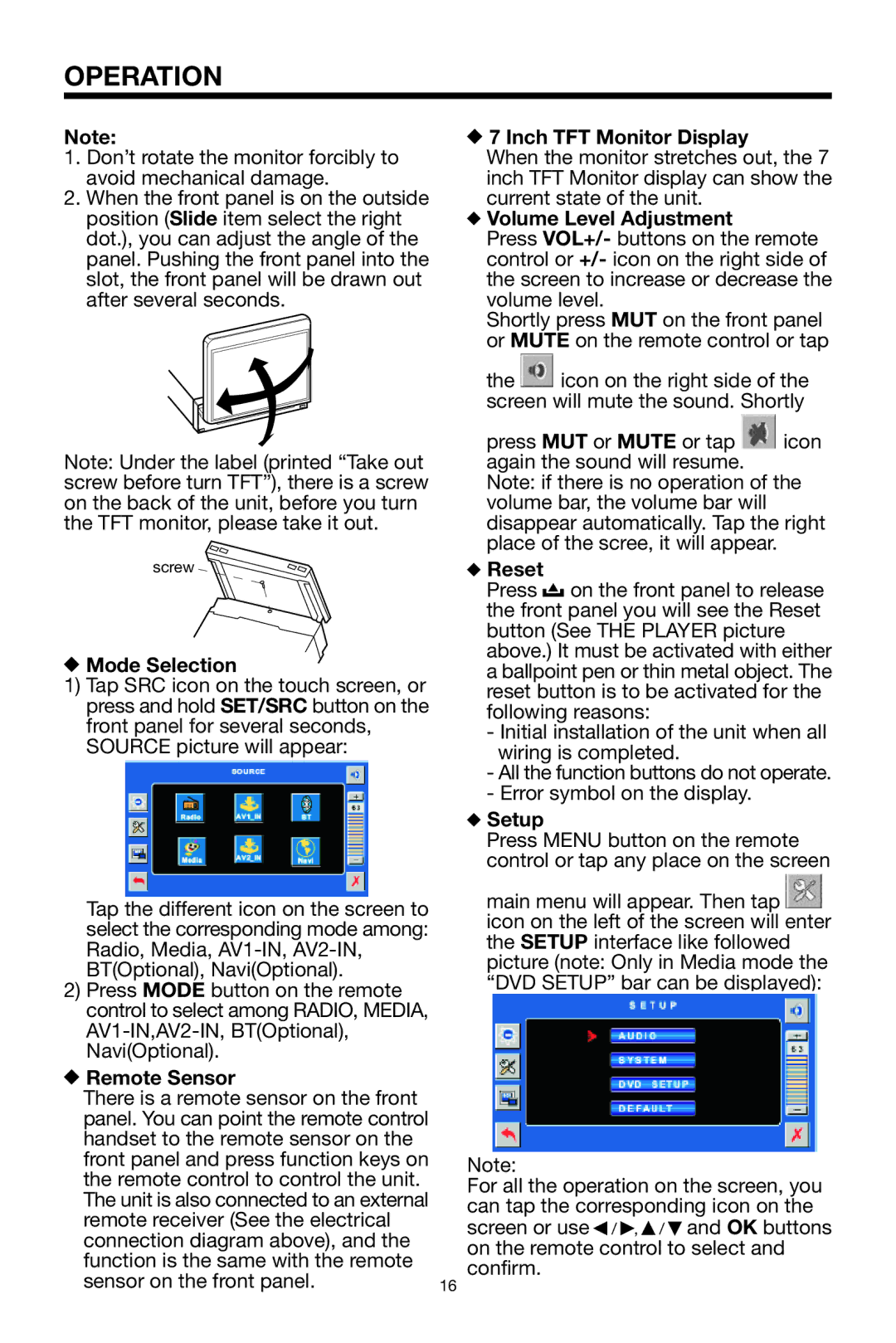 Lanzar Car Audio SDBT75NU Mode Selection, Remote Sensor, Inch TFT Monitor Display, Volume Level Adjustment, Reset, Setup 