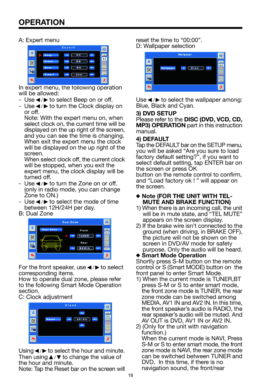 Lanzar Car Audio SDBT75NU owner manual DVD Setup Default, Mute and Brake Function, Smart Mode Operation 