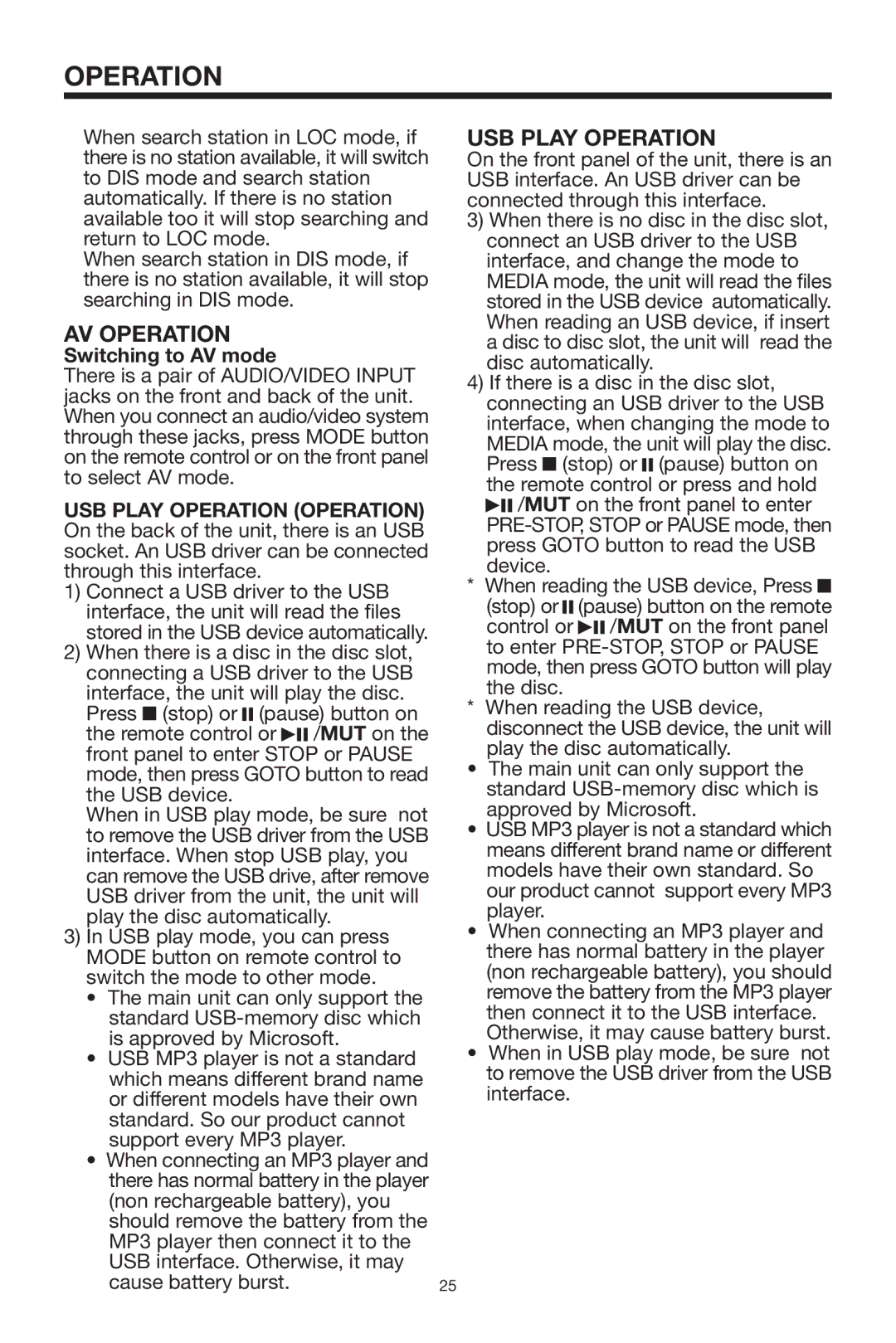 Lanzar Car Audio SDBT75NU owner manual AV Operation, USB Play Operation, Switching to AV mode 