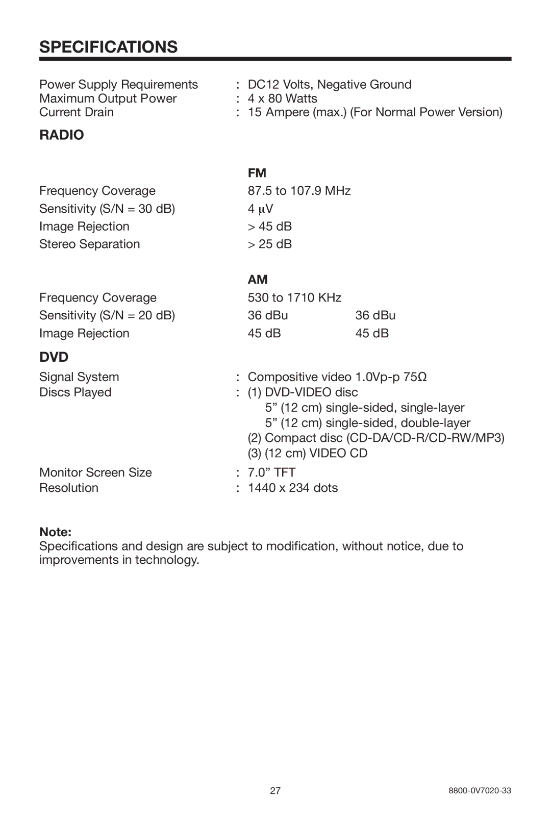 Lanzar Car Audio SDBT75NU owner manual Specifications, Radio, Dvd 