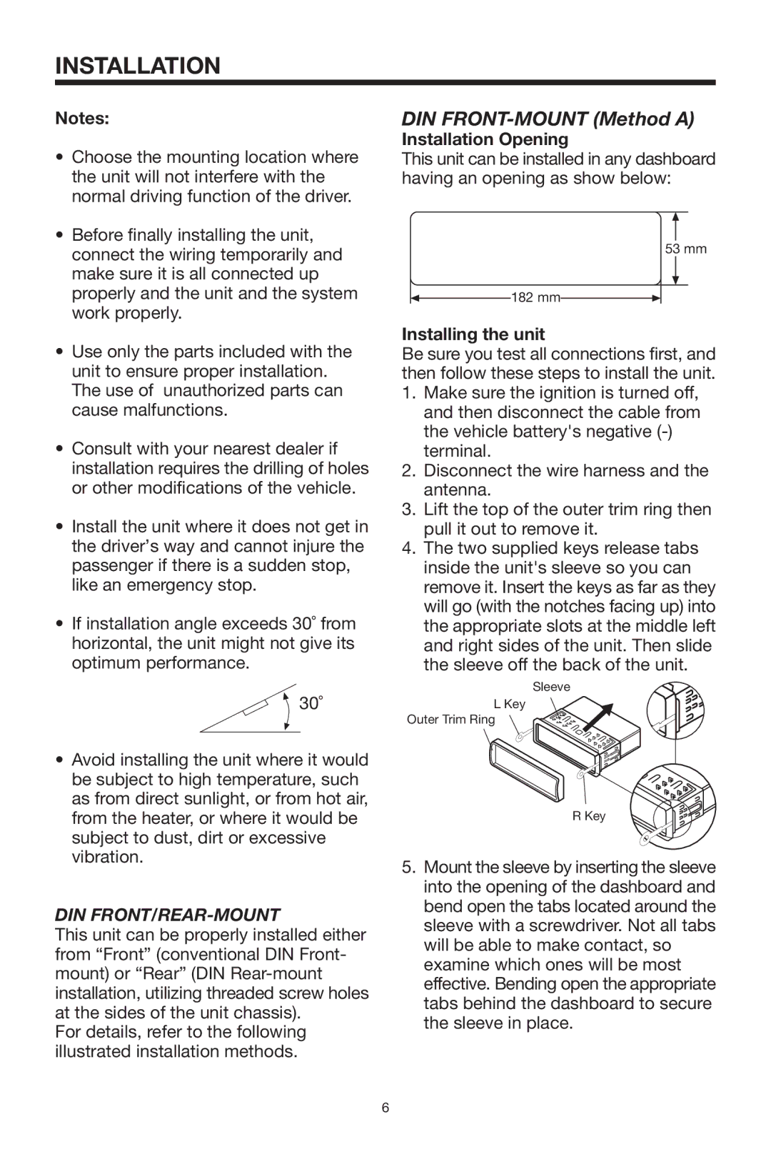 Lanzar Car Audio SDBT75NU owner manual Installation Opening, Installing the unit 