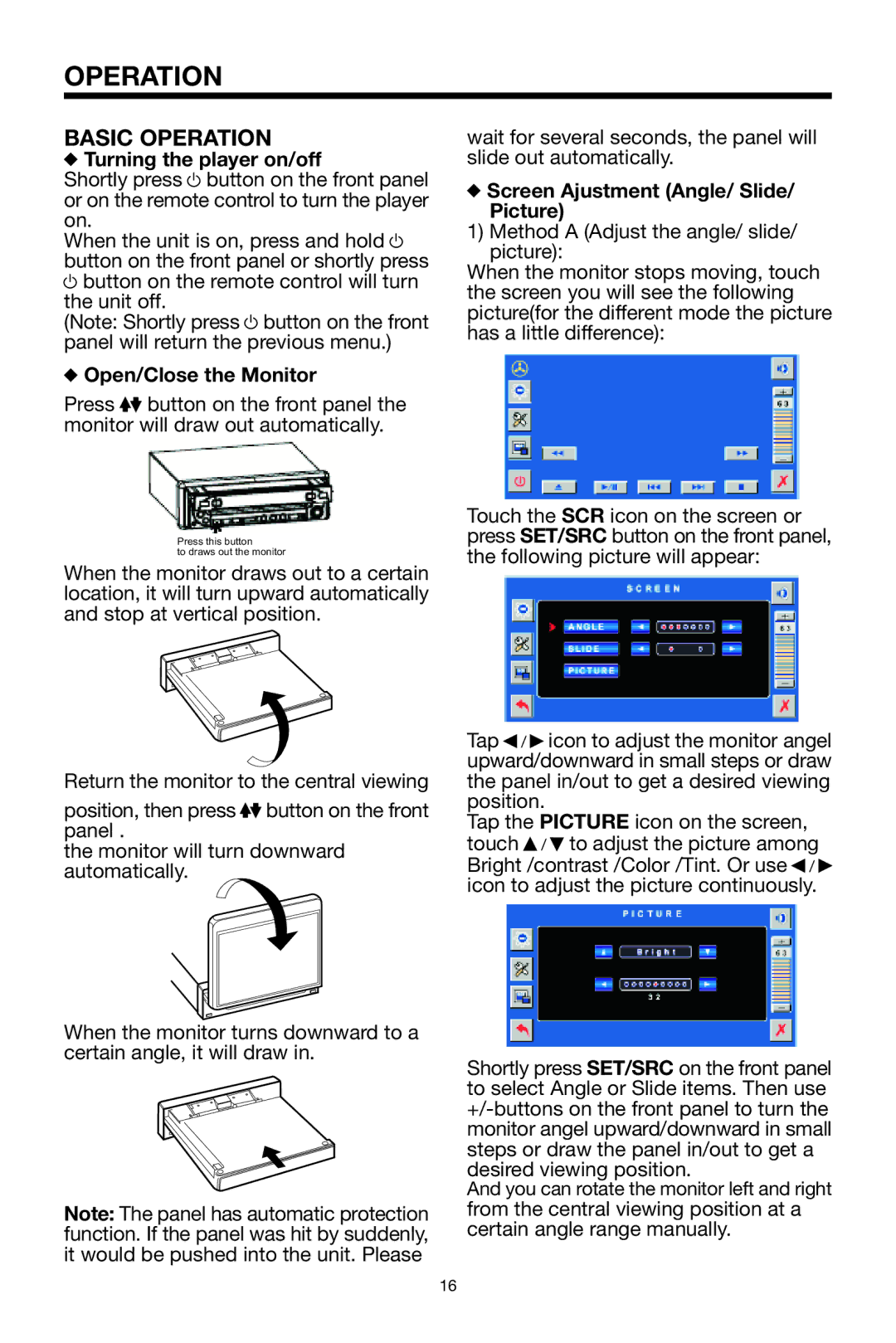 Lanzar Car Audio SDBT75NU owner manual Basic Operation, Turning the player on/off, Open/Close the Monitor 