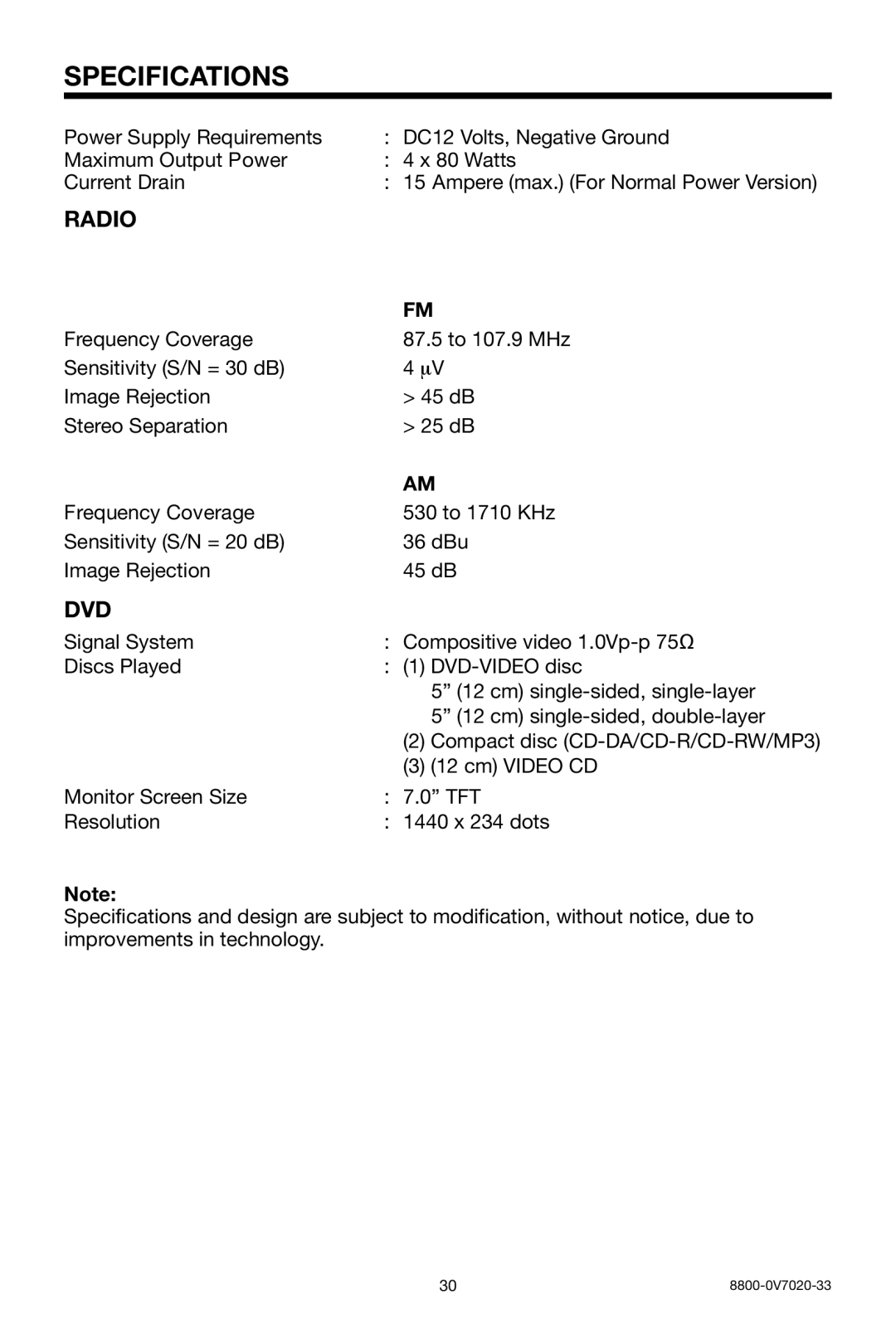 Lanzar Car Audio SDBT75NU owner manual Specifications, Radio, Dvd 