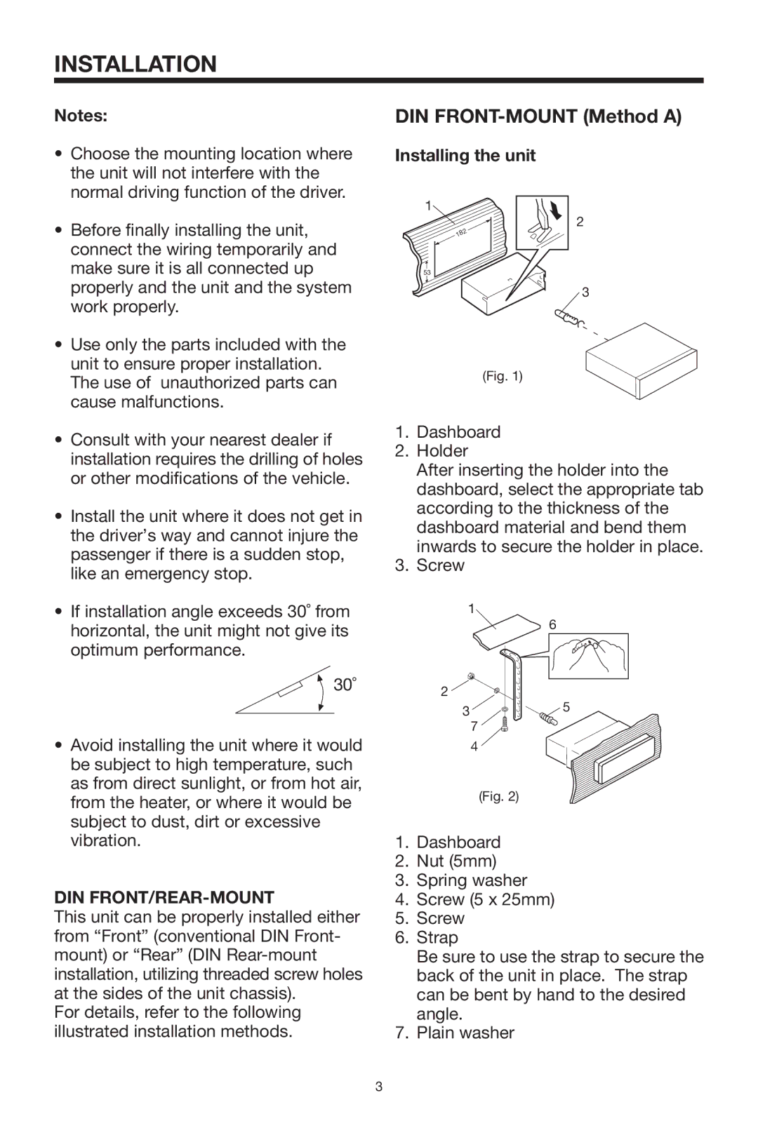 Lanzar Car Audio VBD1800 owner manual Installation, DIN FRONT-MOUNT Method a, Din Front/Rear-Mount, Installing the unit 