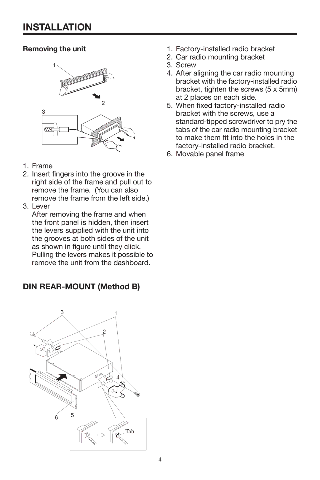 Lanzar Car Audio VBD1800 owner manual DIN REAR-MOUNT Method B, Removing the unit 