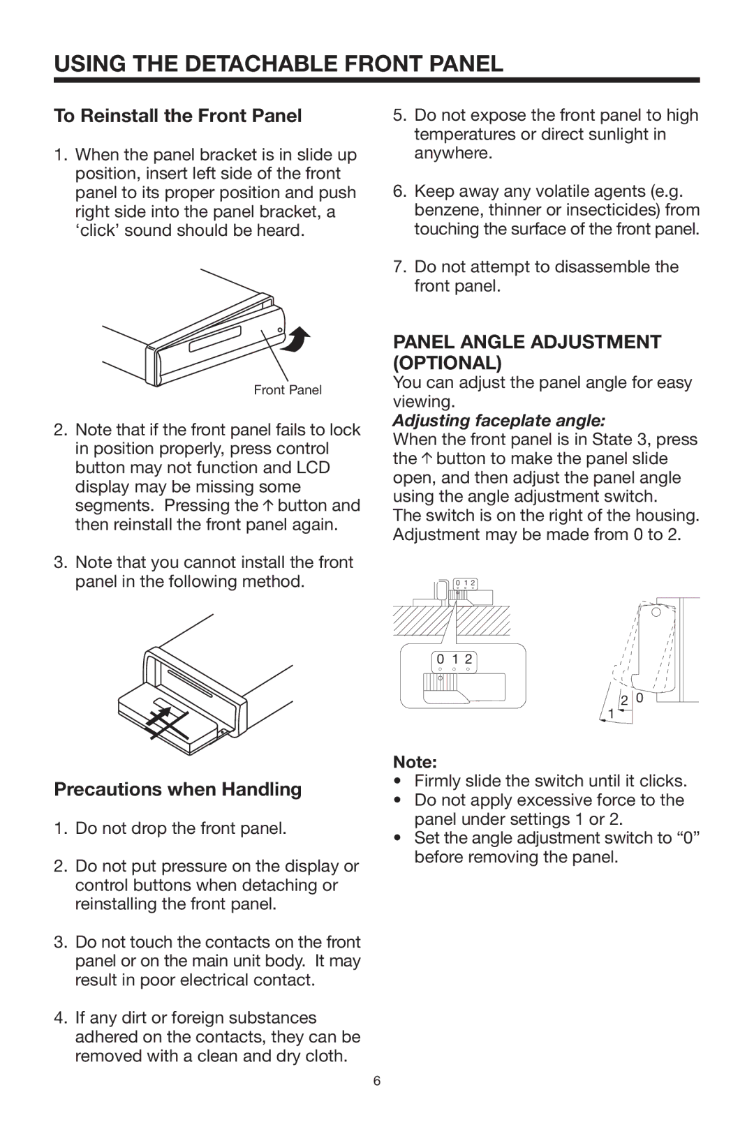 Lanzar Car Audio VBD1800 To Reinstall the Front Panel, Panel Angle Adjustment Optional, Precautions when Handling 