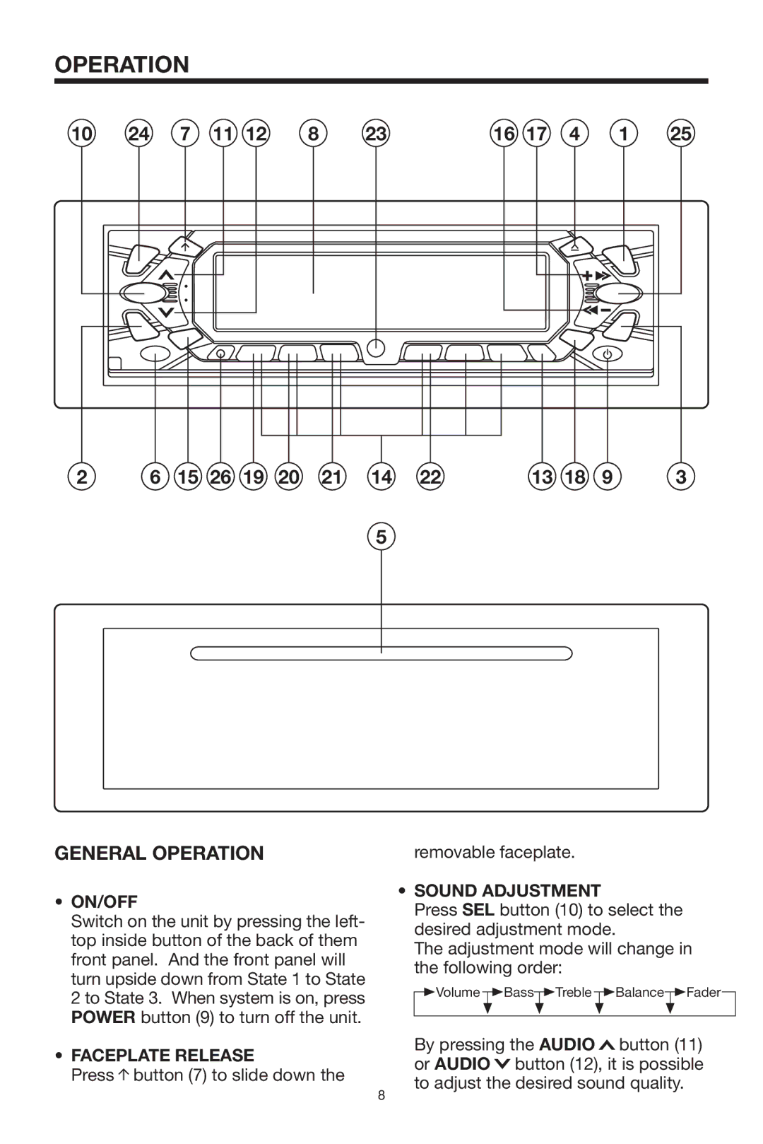 Lanzar Car Audio VBD1800 owner manual General Operation, On/Off, Faceplate Release, Sound Adjustment 