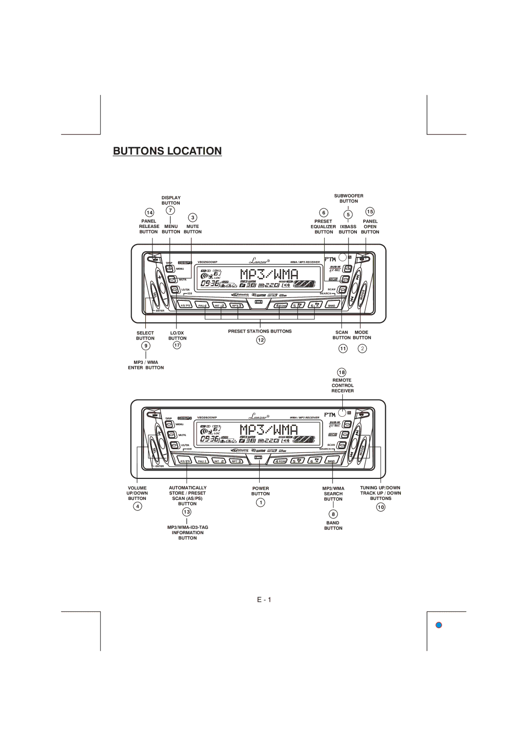 Lanzar Car Audio VBD2600MP owner manual Buttons Location, 917 