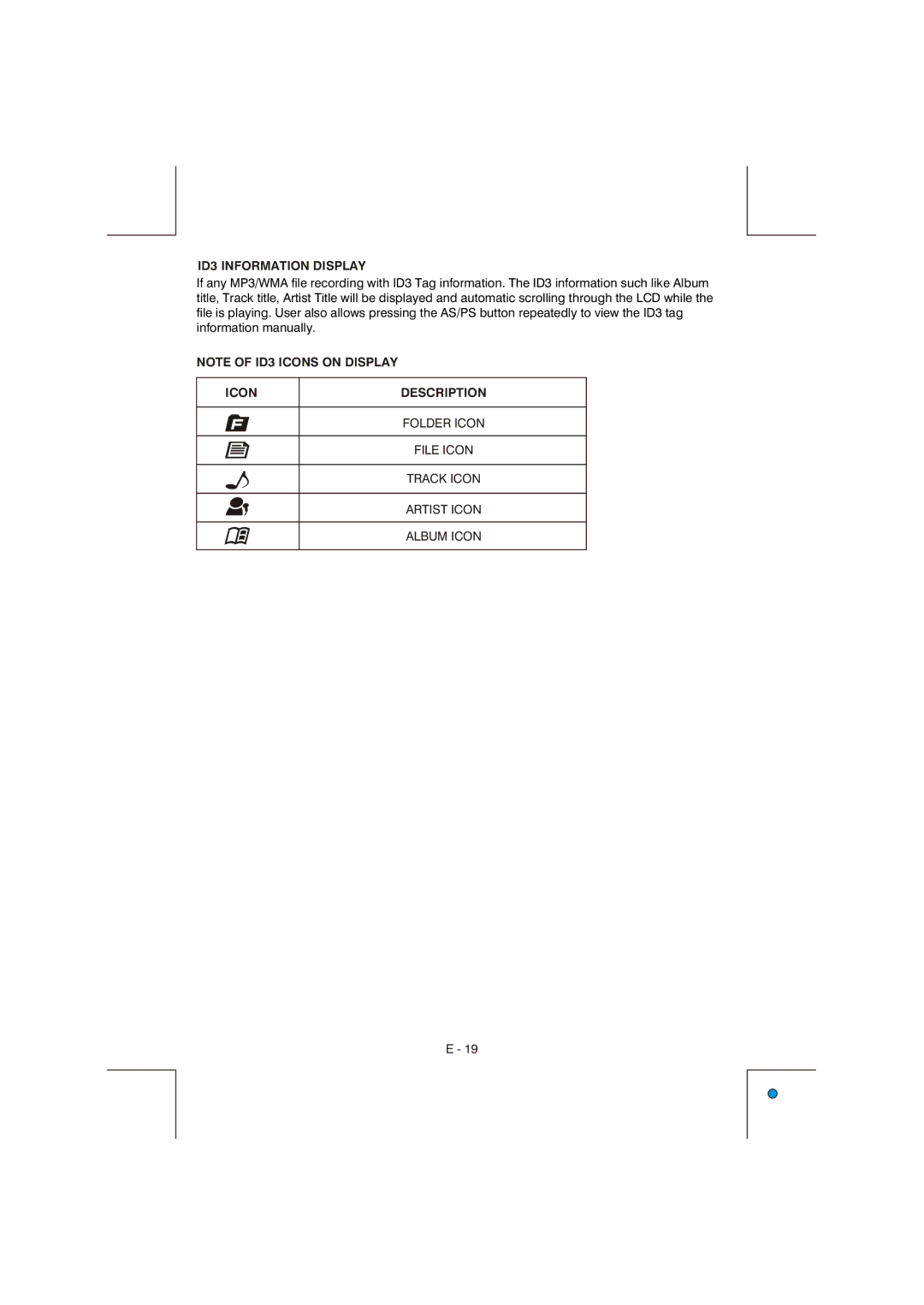 Lanzar Car Audio VBD2600MP owner manual ID3 Information Display, Icon Description 